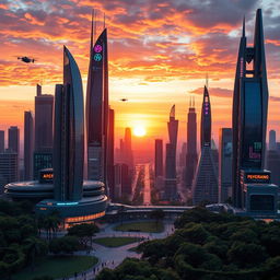 An intricately designed futuristic cityscape at sunset, featuring sleek skyscrapers made of glass and metal, with vibrant neon lights illuminating the streets below