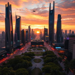 An intricately designed futuristic cityscape at sunset, featuring sleek skyscrapers made of glass and metal, with vibrant neon lights illuminating the streets below