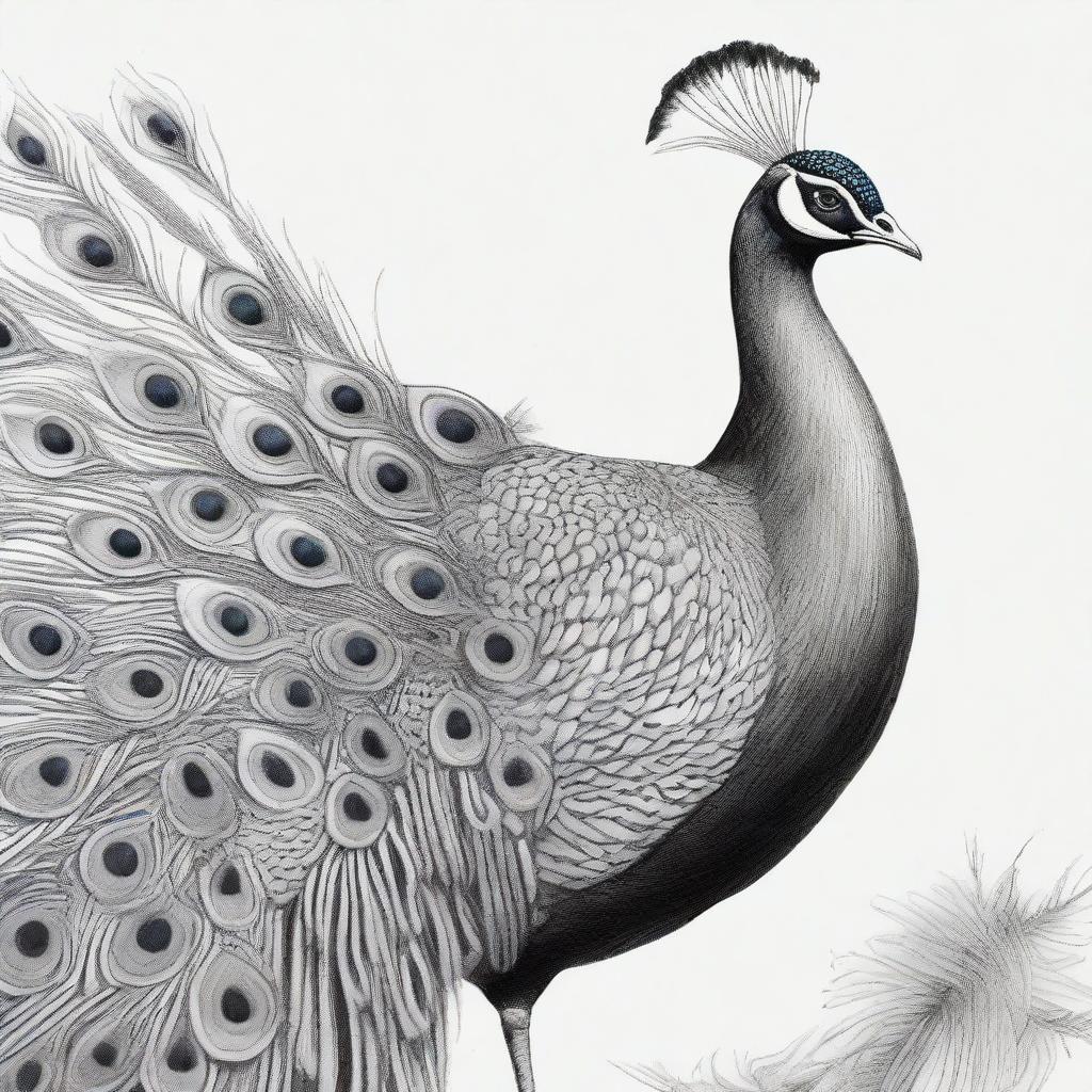 A black and white pencil sketch portraying a peacock in all its grandeur