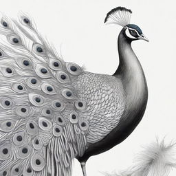 A black and white pencil sketch portraying a peacock in all its grandeur