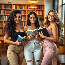 A group of three busty females standing together, each holding a book in their hands