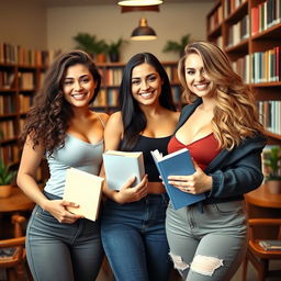 A group of three busty females standing together, each holding a book in their hands