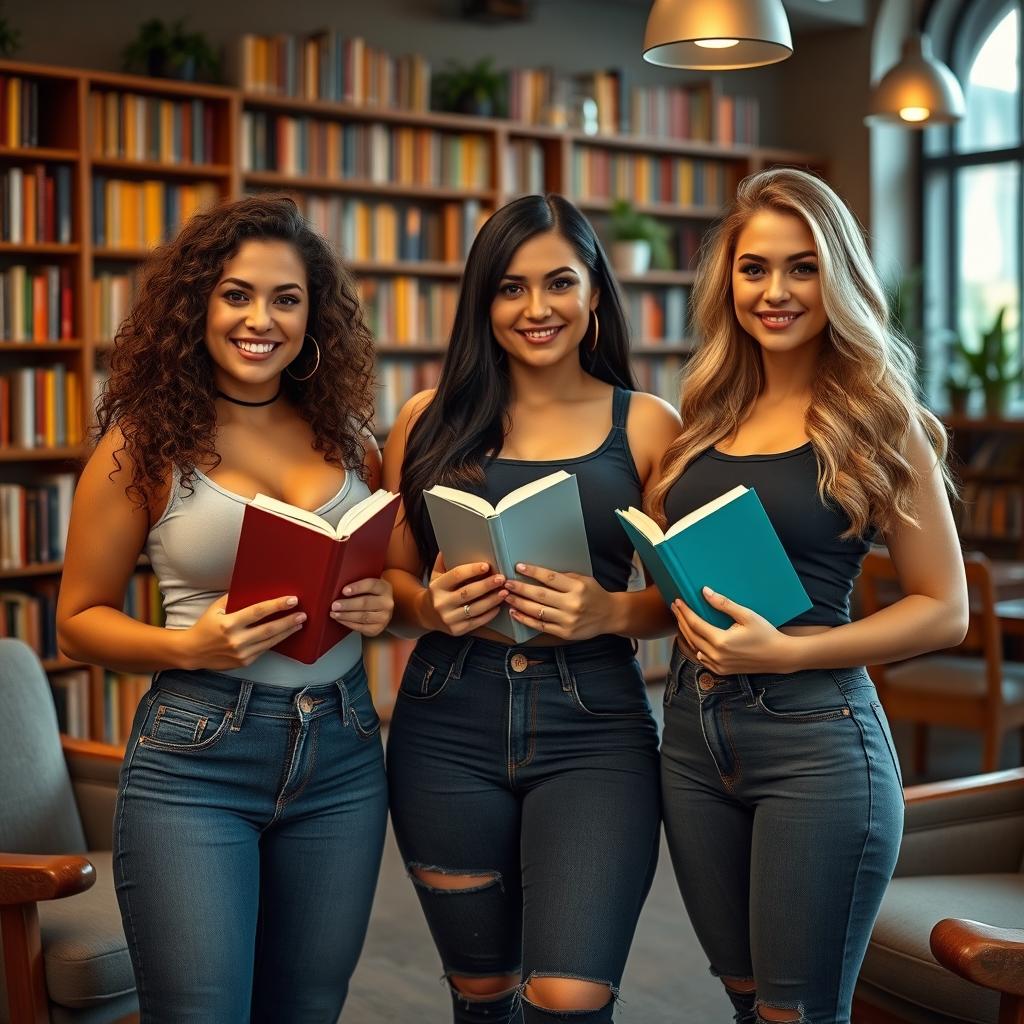 A group of three busty females standing together, each holding a book in their hands