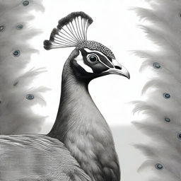 A black and white pencil sketch portraying a peacock in all its grandeur