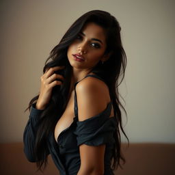 A sexy woman in a seductive pose, featuring long dark brown hair