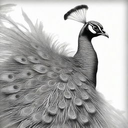 A black and white pencil sketch portraying a peacock in all its grandeur