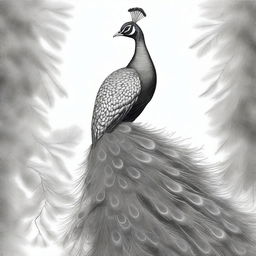 A black and white pencil sketch portraying a peacock in all its grandeur