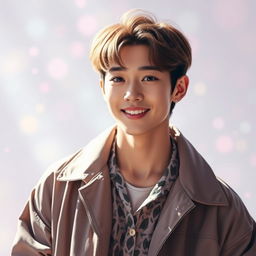 A stylized portrait of Kim Taehyung, featuring him with his signature hairstyle and fashion sense, set against an ethereal, dreamlike background filled with pastel colors and soft light