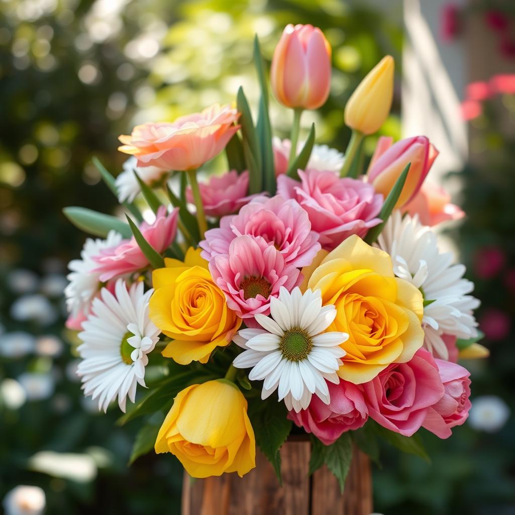 A beautiful and vibrant bouquet of assorted flowers including roses, daisies, and tulips, set against a soft, blurred background of a sunny garden