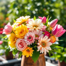 A beautiful and vibrant bouquet of assorted flowers including roses, daisies, and tulips, set against a soft, blurred background of a sunny garden