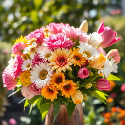 A beautiful and vibrant bouquet of assorted flowers including roses, daisies, and tulips, set against a soft, blurred background of a sunny garden