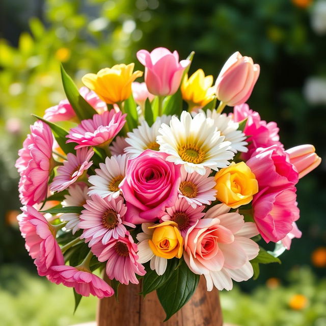 A beautiful and vibrant bouquet of assorted flowers including roses, daisies, and tulips, set against a soft, blurred background of a sunny garden