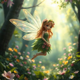 A whimsical fairy in an enchanted forest, with delicate translucent wings shimmering in various colors