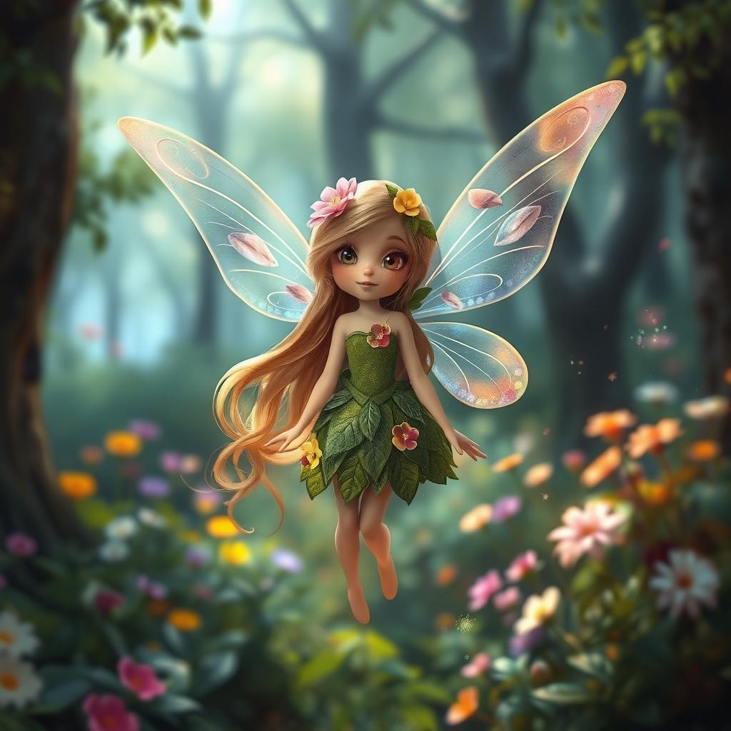 A whimsical fairy in an enchanted forest, with delicate translucent wings shimmering in various colors