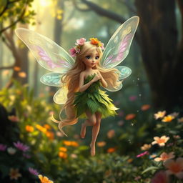 A whimsical fairy in an enchanted forest, with delicate translucent wings shimmering in various colors