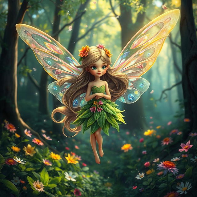 A whimsical fairy in an enchanted forest, with delicate translucent wings shimmering in various colors