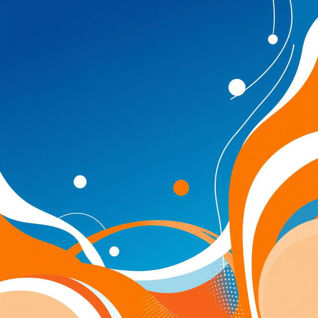 A vibrant poster featuring a stylized abstract design that incorporates the color palette of deep blues, bright oranges, and soft whites