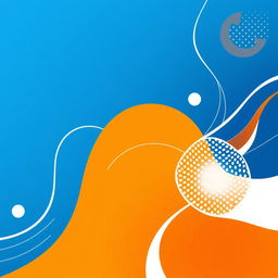 A vibrant poster featuring a stylized abstract design that incorporates the color palette of deep blues, bright oranges, and soft whites