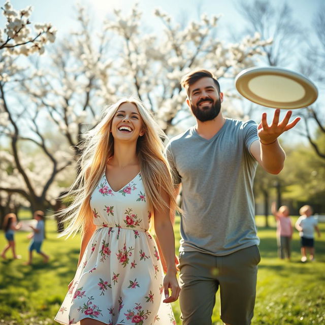 A vibrant scene featuring a man and a woman enjoying a sunny day at a park