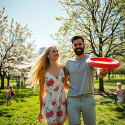 A vibrant scene featuring a man and a woman enjoying a sunny day at a park