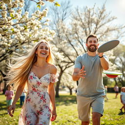 A vibrant scene featuring a man and a woman enjoying a sunny day at a park