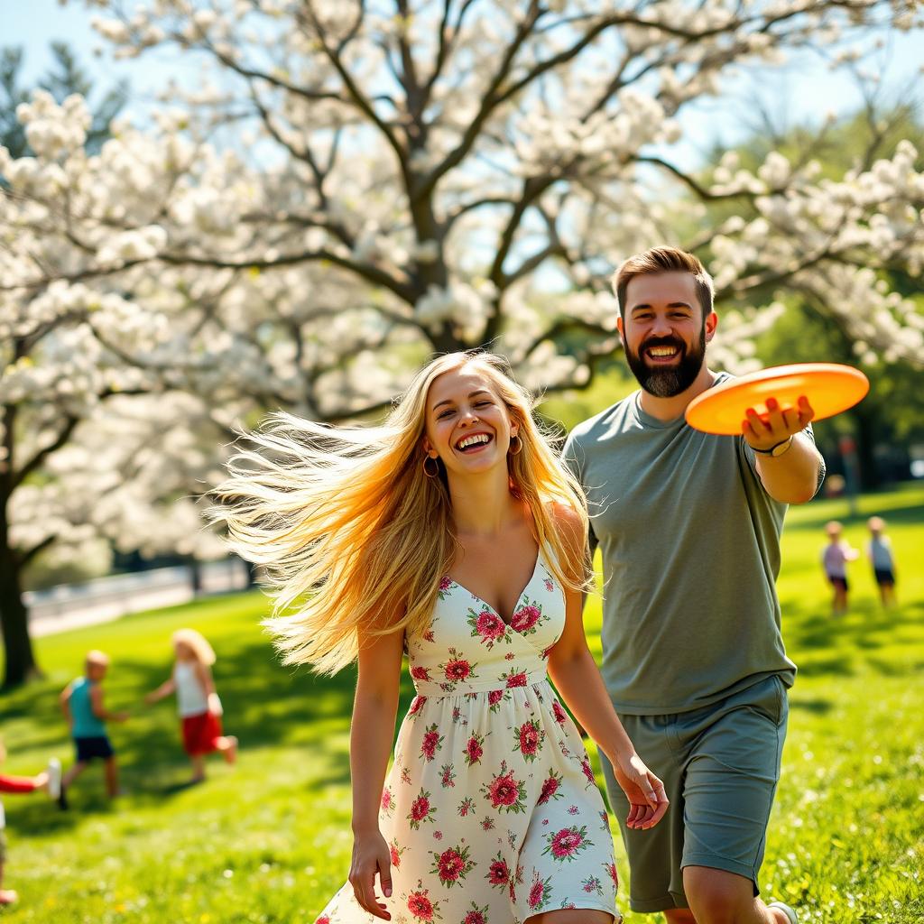 A vibrant scene featuring a man and a woman enjoying a sunny day at a park