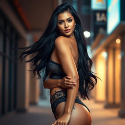 A sexy woman with long, flowing black hair, dressed in a stylish, alluring outfit that highlights her curves