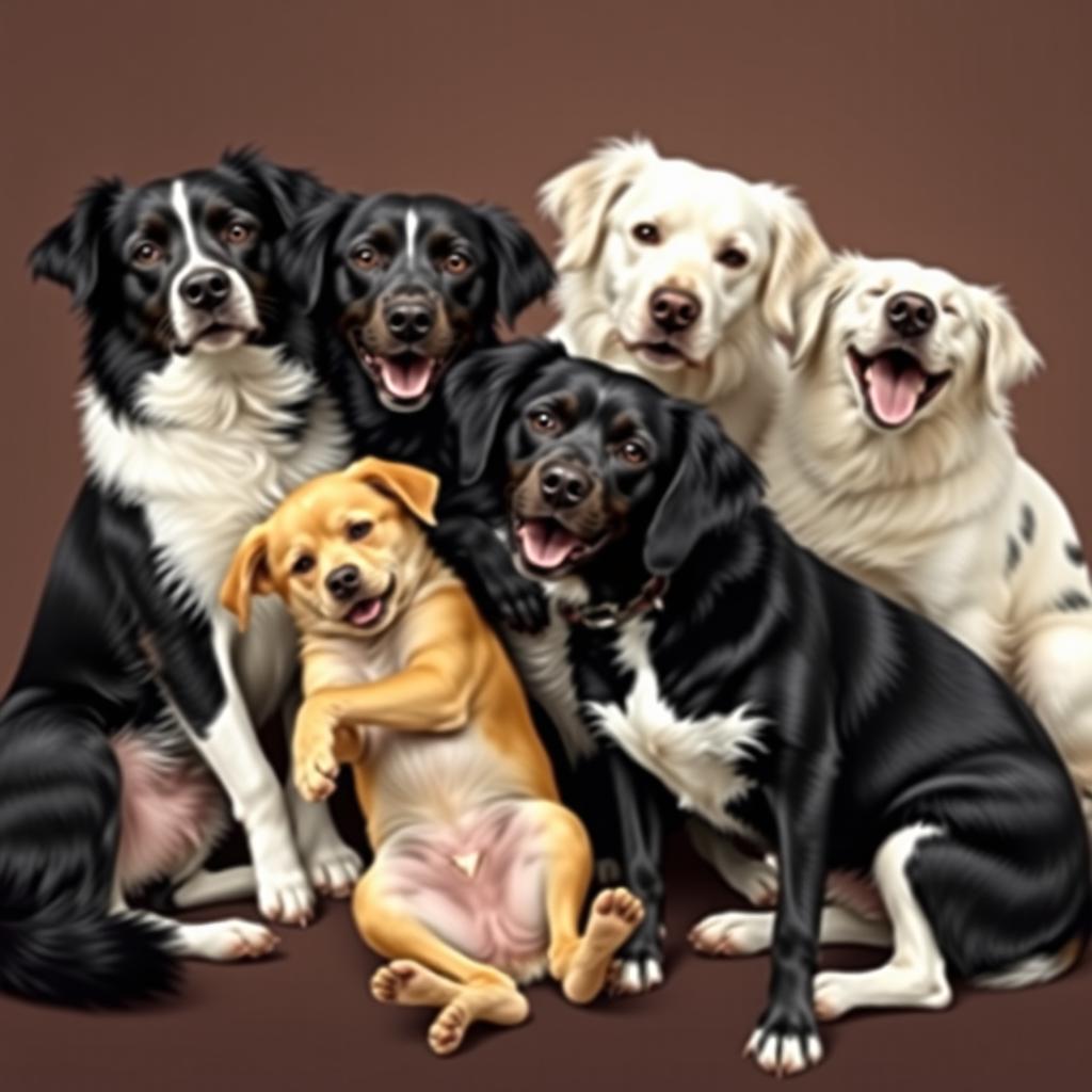 Five black and white dogs of different breeds sitting or lying closely together in a harmonious arrangement, with one small yellow dog of a different breed joyfully interacting with them