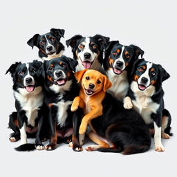 Five black and white dogs of different breeds sitting or lying closely together in a harmonious arrangement, with one small yellow dog of a different breed joyfully interacting with them