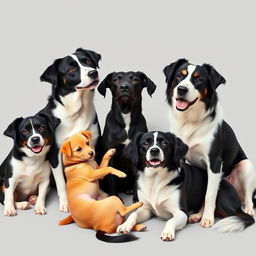 Five black and white dogs of different breeds sitting or lying closely together in a harmonious arrangement, with one small yellow dog of a different breed joyfully interacting with them