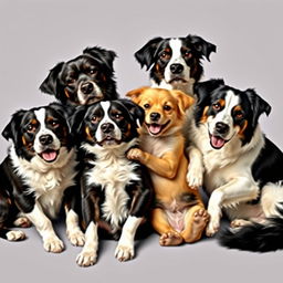 Five black and white dogs of different breeds sitting or lying closely together in a harmonious arrangement, with one small yellow dog of a different breed joyfully interacting with them