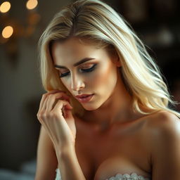 A beautiful blonde woman engaged in an intimate moment, embodying sensuality and allure