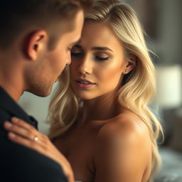 A beautiful blonde woman engaged in an intimate moment, embodying sensuality and allure