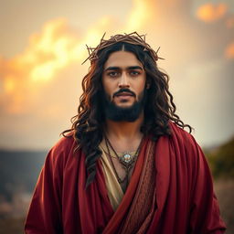 A striking portrayal of Rauw Alejandro dressed as Jesus Christ, featuring flowing robes in rich colors and intricate details, adorned with a crown of thorns