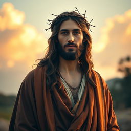 A striking portrayal of Rauw Alejandro dressed as Jesus Christ, featuring flowing robes in rich colors and intricate details, adorned with a crown of thorns