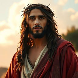A striking portrayal of Rauw Alejandro dressed as Jesus Christ, featuring flowing robes in rich colors and intricate details, adorned with a crown of thorns