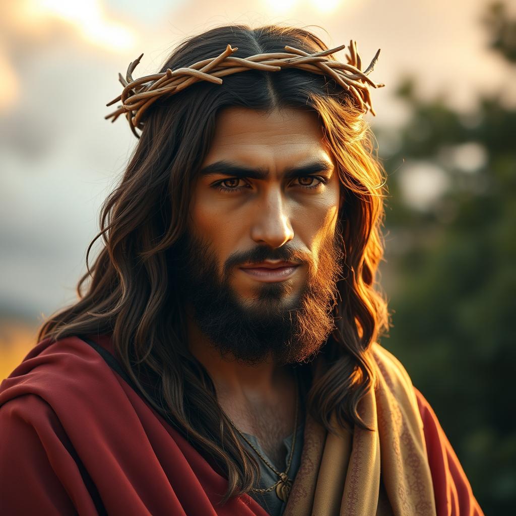 A striking portrayal of Rauw Alejandro dressed as Jesus Christ, featuring flowing robes in rich colors and intricate details, adorned with a crown of thorns