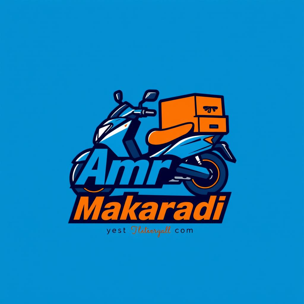 A vibrant and modern logo design for a delivery company named 'Amr Al-Makaradi', prominently featuring a motorcycle to symbolize fast delivery