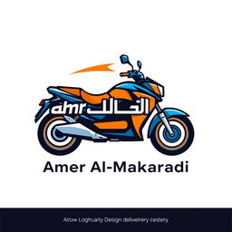 A vibrant and modern logo design for a delivery company named 'Amr Al-Makaradi', prominently featuring a motorcycle to symbolize fast delivery