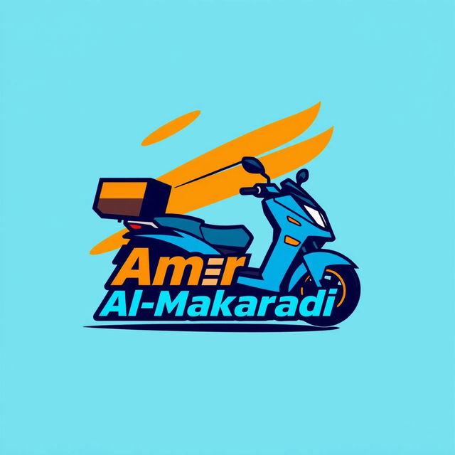 A vibrant and modern logo design for a delivery company named 'Amr Al-Makaradi', prominently featuring a motorcycle to symbolize fast delivery