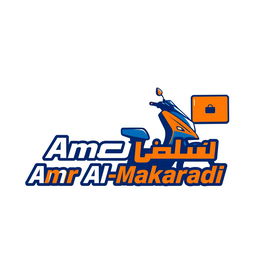 A vibrant and modern logo design for a delivery company named 'Amr Al-Makaradi', prominently featuring a motorcycle to symbolize fast delivery