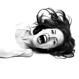 A clean, minimalist book cover design in black and white tones featuring a 28-year-old woman lying on her side, her hair cascading around her, mouth open in a dramatic scream