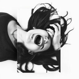 A clean, minimalist book cover design in black and white tones featuring a 28-year-old woman lying on her side, her hair cascading around her, mouth open in a dramatic scream