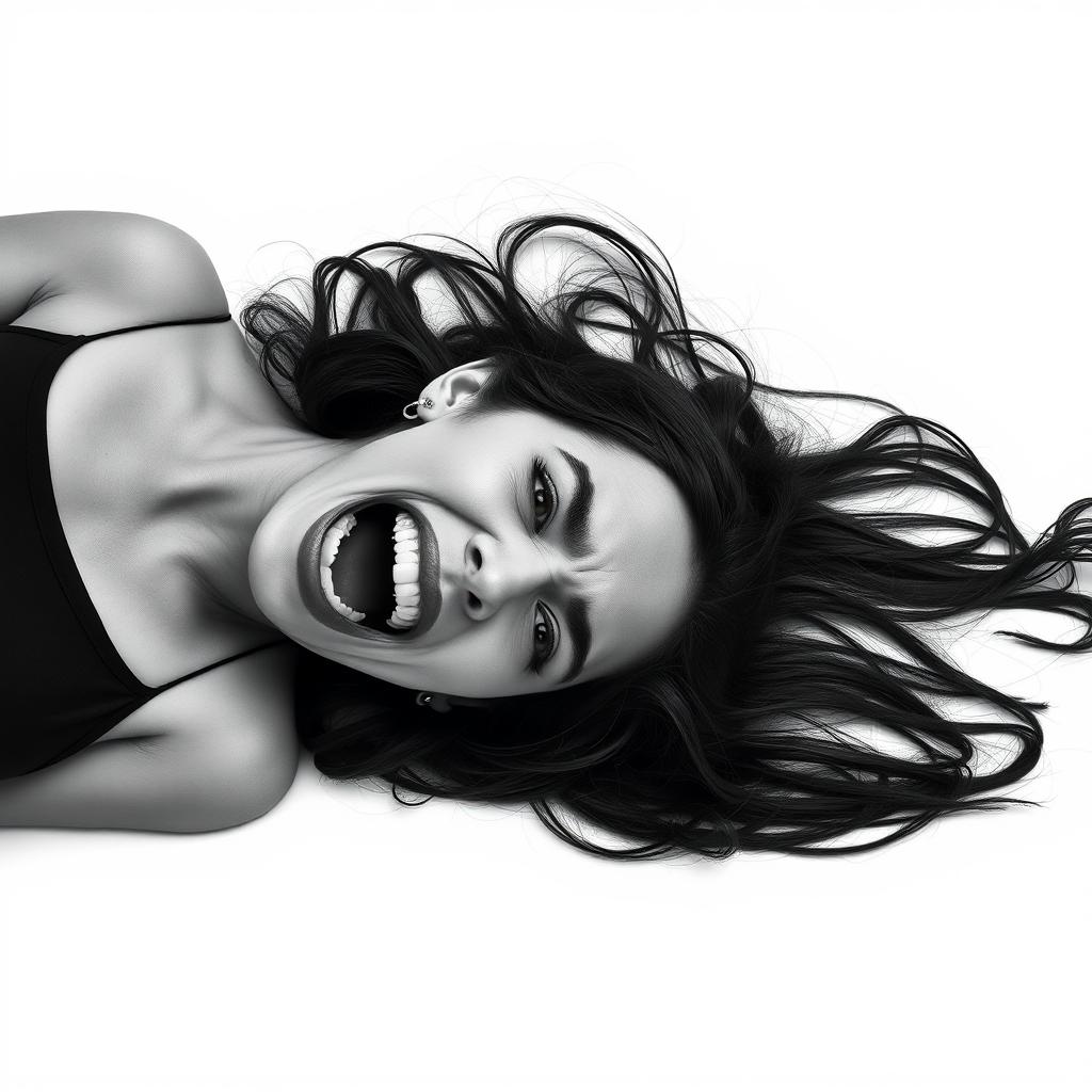 A clean, minimalist book cover design in black and white tones featuring a 28-year-old woman lying on her side, her hair cascading around her, mouth open in a dramatic scream