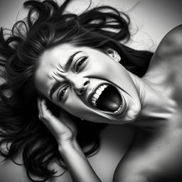 A clean, minimalist book cover design in black and white tones featuring a 28-year-old woman lying on her side, her hair cascading around her, mouth open in a dramatic scream
