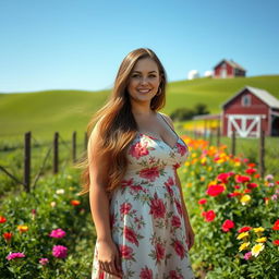 A beautiful curvy woman standing in a picturesque farm setting, surrounded by lush greenery and vibrant flowers