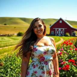 A beautiful curvy woman standing in a picturesque farm setting, surrounded by lush greenery and vibrant flowers