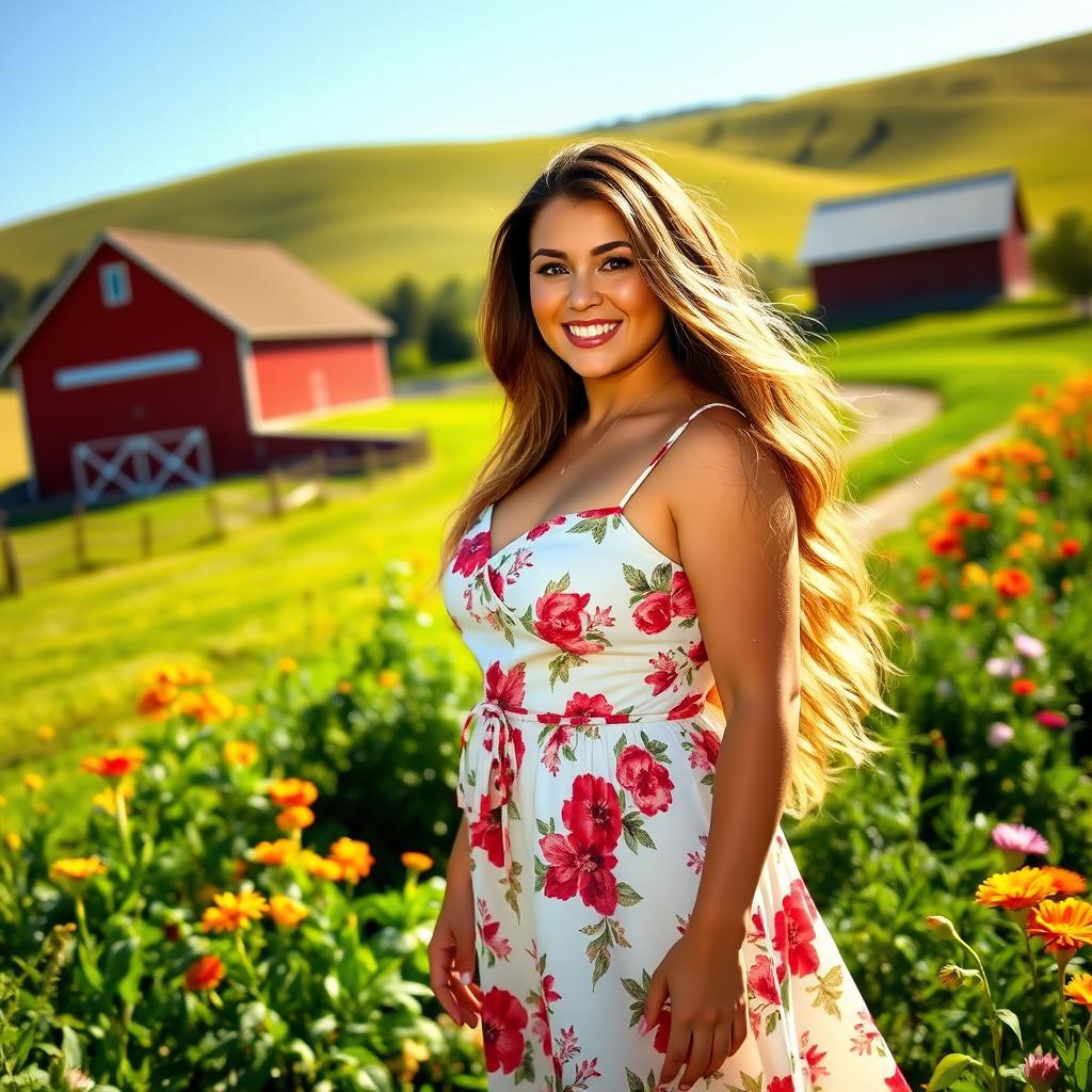 A beautiful curvy woman standing in a picturesque farm setting, surrounded by lush greenery and vibrant flowers