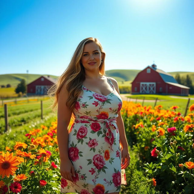 A beautiful curvy woman standing in a picturesque farm setting, surrounded by lush greenery and vibrant flowers