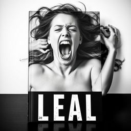 A striking black and white book cover featuring a 28-year-old woman lying on her side, with a powerful expression of anguish as she screams